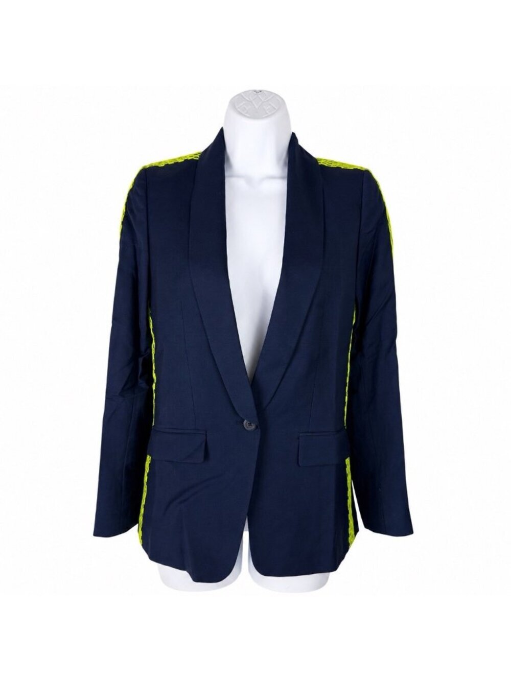 Wildfang Empower Colorblock Tux Blazer XS NWT Navy Neon Yellow Mesh Shawl
